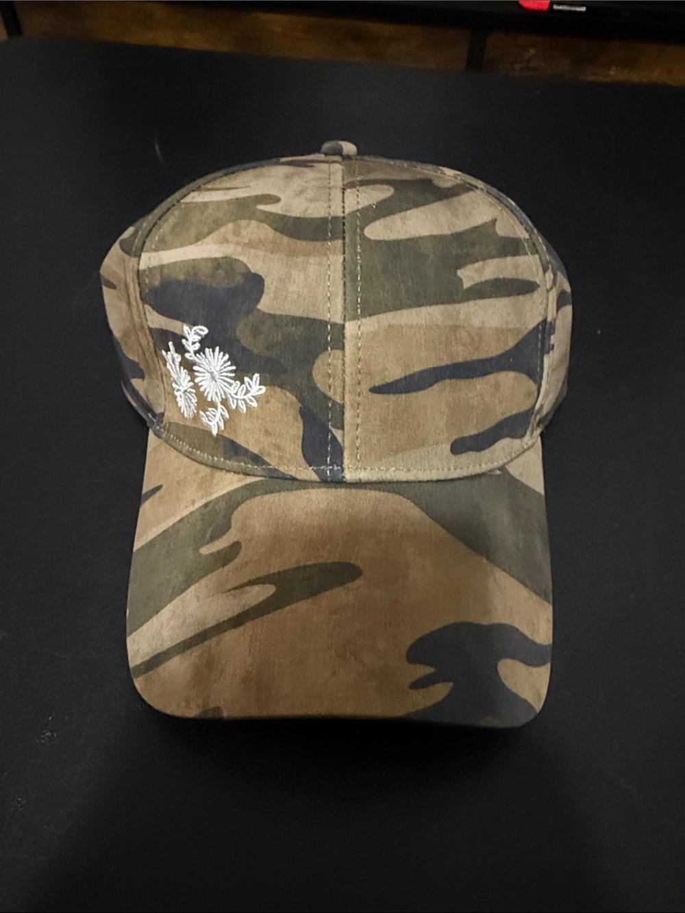 Johnny Was Camo Baseball Cap with White Floral Embroidery